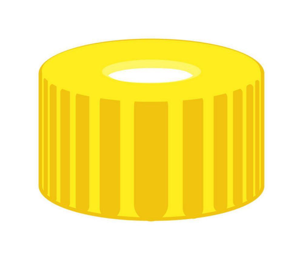 Screw caps N 9, yellow PP, hole, silocone white/PTFE red, septa thickness 1.0 mm, pack of 100